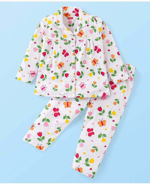 Babyhug Cotton Knit Full Sleeves Front Open Floral Printed Night Suit - Off White