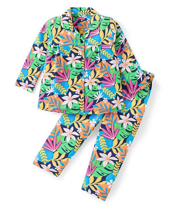 Babyhug Cotton Knit Full Sleeves Front Open Floral Printed Night Suit - Pink