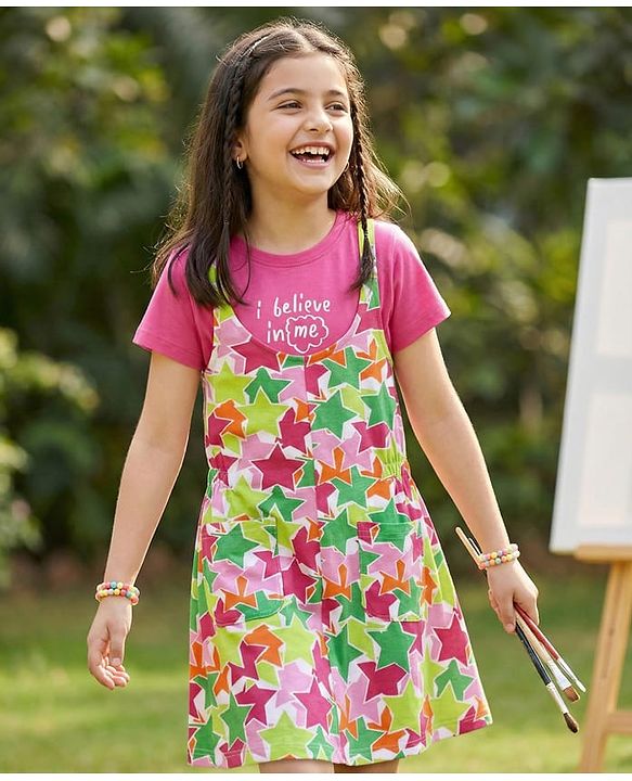 Pine Kids Cotton Knit Sleeveless Star Printed Frock With Text Printed Inner Tee - Dark Pink