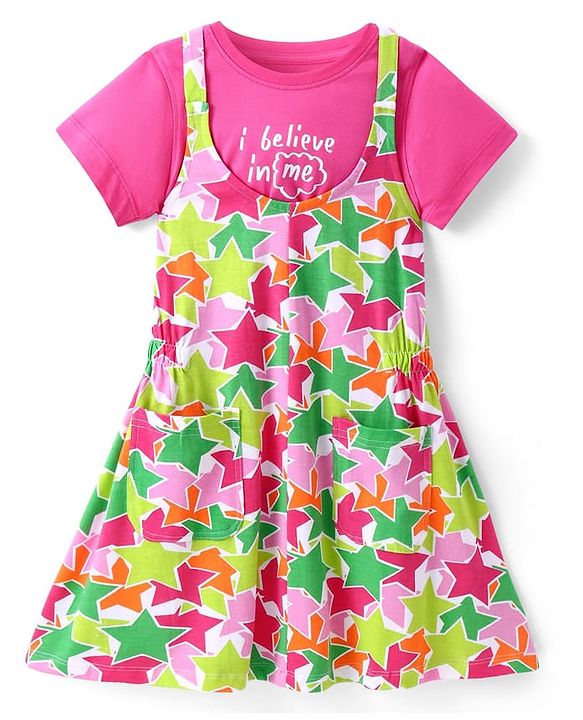 Pine Kids Cotton Knit Sleeveless Star Printed Frock With Text Printed Inner Tee - Dark Pink