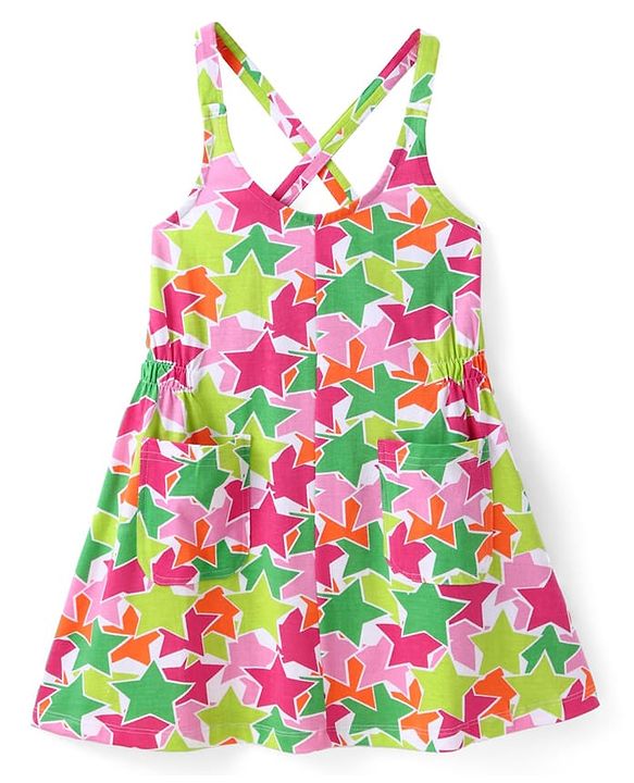 Pine Kids Cotton Knit Sleeveless Star Printed Frock With Text Printed Inner Tee - Dark Pink