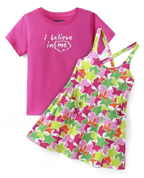 Pine Kids Cotton Knit Sleeveless Star Printed Frock With Text Printed Inner Tee - Dark Pink
