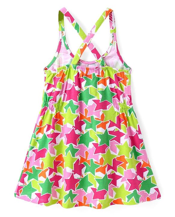 Pine Kids Cotton Knit Sleeveless Star Printed Frock With Text Printed Inner Tee - Dark Pink