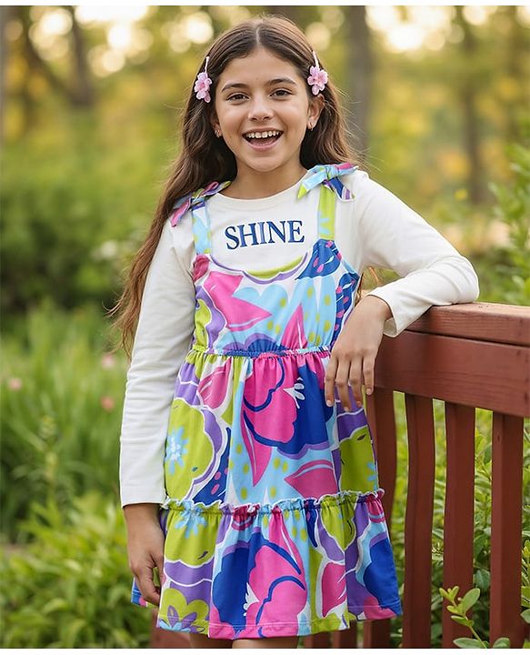 Pine Kids Cotton Knit Floral Printed Frock With Full Sleeves Inner Tee - White