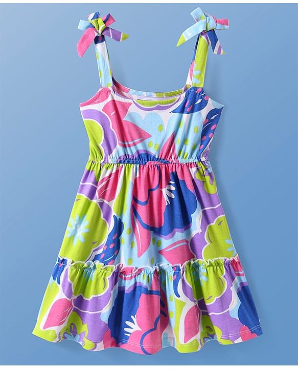Pine Kids Cotton Knit Floral Printed Frock With Full Sleeves Inner Tee - White