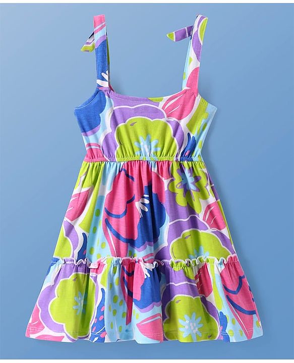 Pine Kids Cotton Knit Floral Printed Frock With Full Sleeves Inner Tee - White