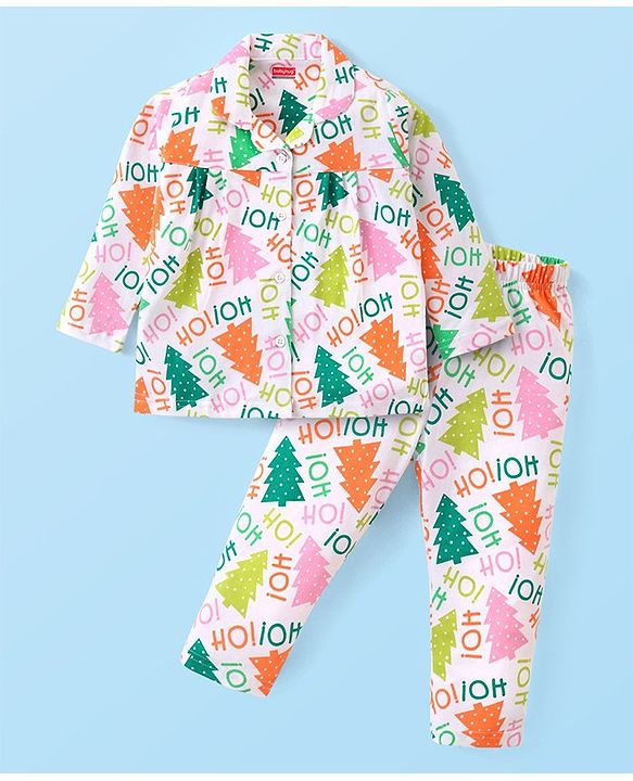 Babyhug Cotton Knit Full Sleeves Front Open Christmas Theme Printed Night Suit - White