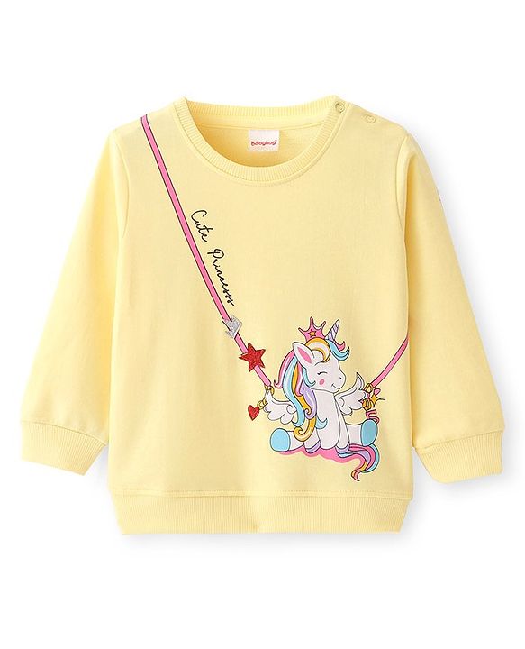 Babyhug Cotton Knit Full Sleeves Sweatshirt with Unicorn Design - Yellow
