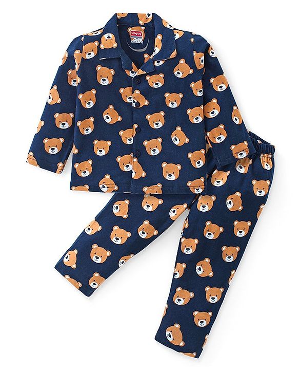 Babyhug Cotton Knit Full Sleeves Front Open Collar Neck Night Suit with Teddy Bear Print - Navy Blue