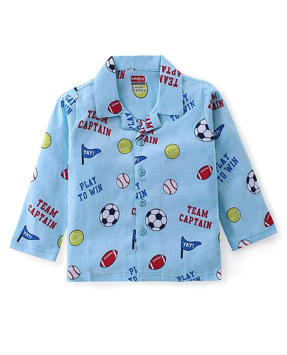 Babyhug Cotton Knit Full Sleeves Front Open Night Suit With Sports Print - Sky Blue
