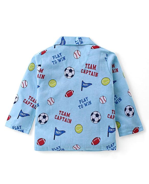 Babyhug Cotton Knit Full Sleeves Front Open Night Suit With Sports Print - Sky Blue