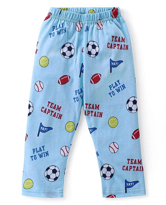 Babyhug Cotton Knit Full Sleeves Front Open Night Suit With Sports Print - Sky Blue