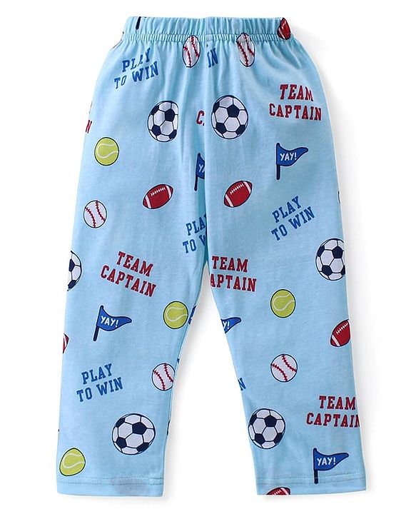 Babyhug Cotton Knit Full Sleeves Front Open Night Suit With Sports Print - Sky Blue