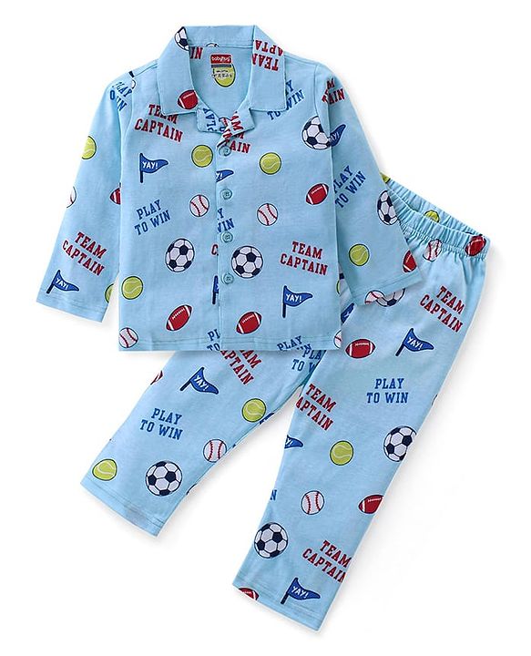 Babyhug Cotton Knit Full Sleeves Front Open Night Suit With Sports Print - Sky Blue