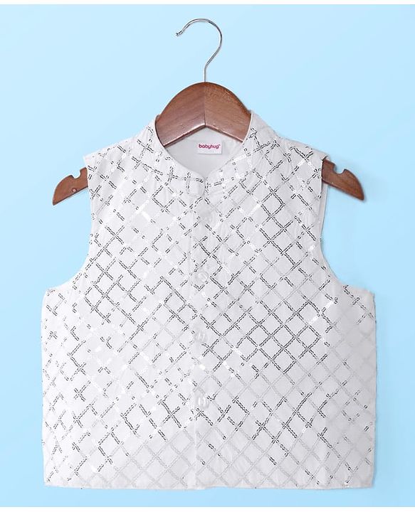 Babyhug Full Sleeves Solid Kurta Pyjama Set with Sequenced Embroidered Jacket - White & Silver