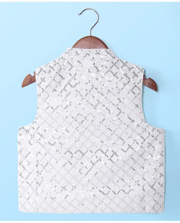 Babyhug Full Sleeves Solid Kurta Pyjama Set with Sequenced Embroidered Jacket - White & Silver