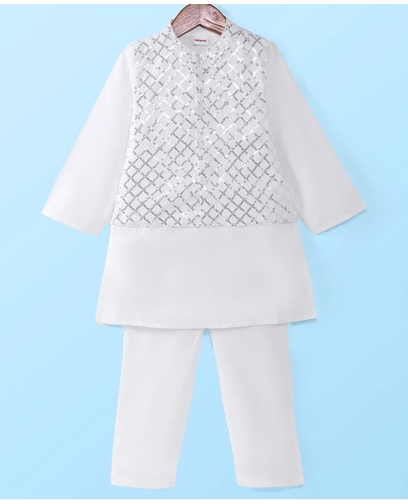 Babyhug Full Sleeves Solid Kurta Pyjama Set with Sequenced Embroidered Jacket - White & Silver