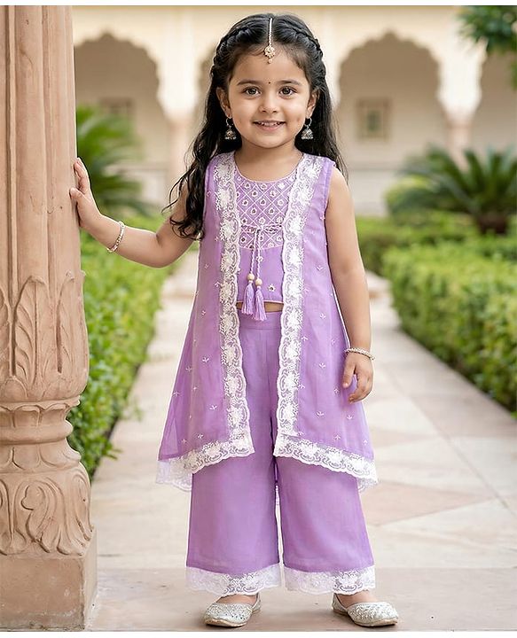 Babyhug Woven Sleeveless Sequinned Embroidered Top & Palazzo Set with Lace Detailed Shrug - Lavender