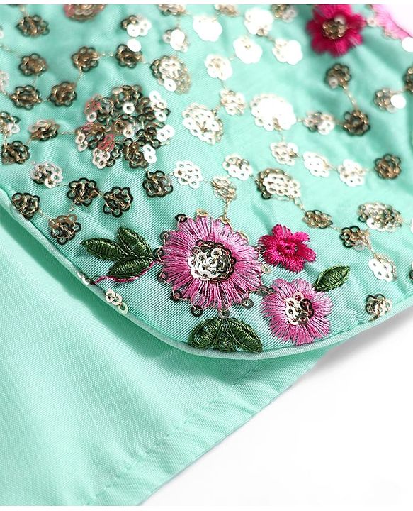Babyhug Woven Ethnic Dress with Three Fourth Sleeves Shrug & Sequin Detailing & Floral Embroidery - Dark Pink & Sea Green
