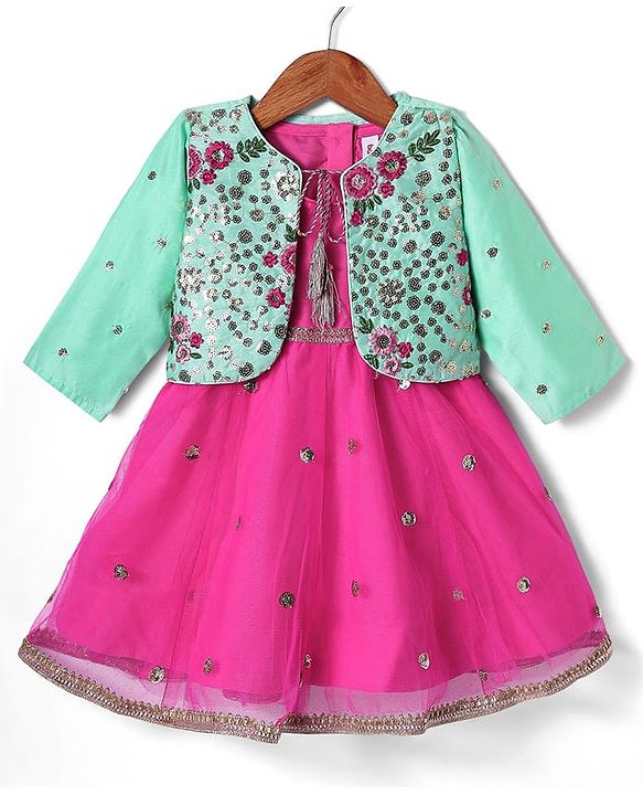 Babyhug Woven Ethnic Dress with Three Fourth Sleeves Shrug & Sequin Detailing & Floral Embroidery - Dark Pink & Sea Green