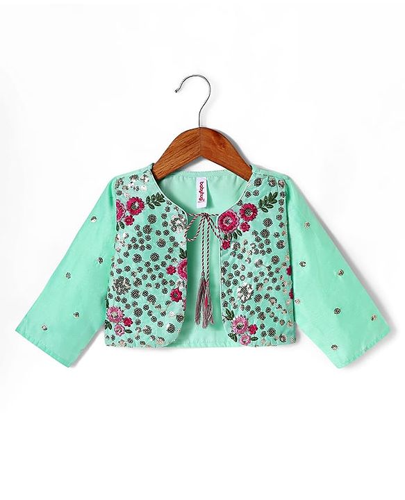 Babyhug Woven Ethnic Dress with Three Fourth Sleeves Shrug & Sequin Detailing & Floral Embroidery - Dark Pink & Sea Green