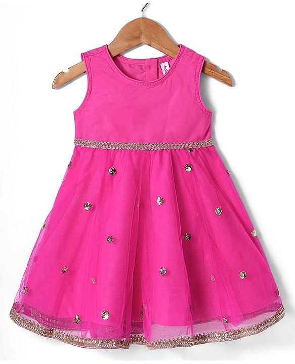 Babyhug Woven Ethnic Dress with Three Fourth Sleeves Shrug & Sequin Detailing & Floral Embroidery - Dark Pink & Sea Green