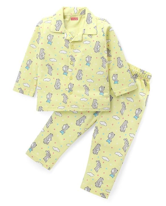 Babyhug Cotton Knit Full Sleeves Front Open Night Suit With Bunny & Bear Print - Yellow