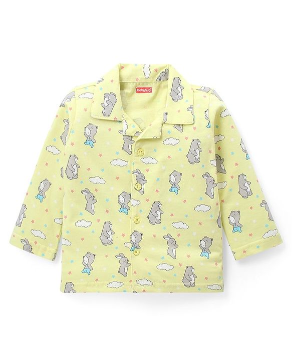 Babyhug Cotton Knit Full Sleeves Front Open Night Suit With Bunny & Bear Print - Yellow