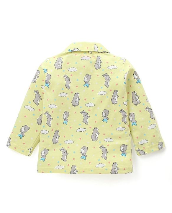 Babyhug Cotton Knit Full Sleeves Front Open Night Suit With Bunny & Bear Print - Yellow