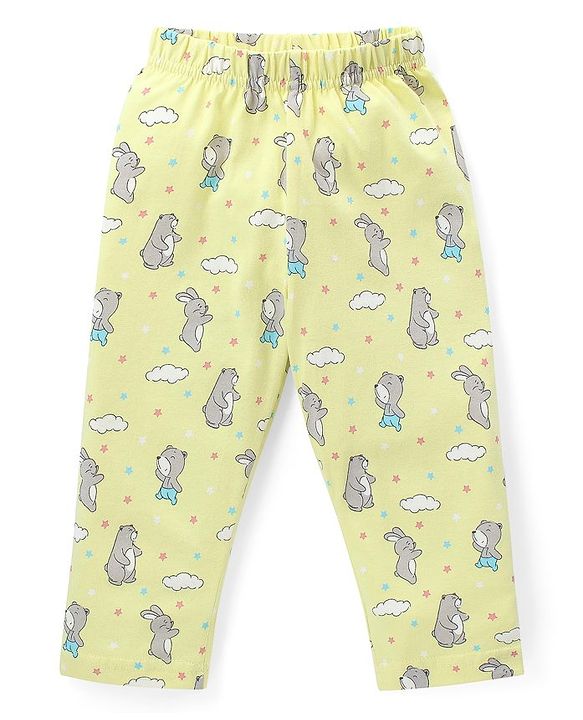 Babyhug Cotton Knit Full Sleeves Front Open Night Suit With Bunny & Bear Print - Yellow