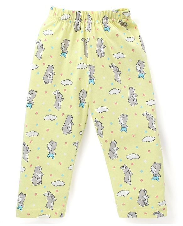 Babyhug Cotton Knit Full Sleeves Front Open Night Suit With Bunny & Bear Print - Yellow