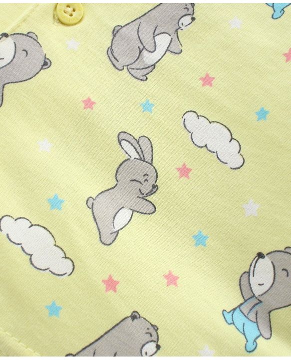 Babyhug Cotton Knit Full Sleeves Front Open Night Suit With Bunny & Bear Print - Yellow