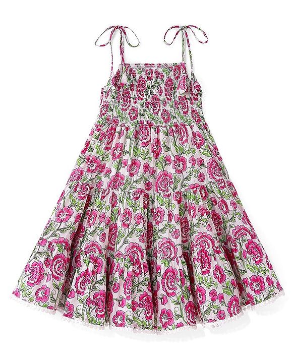 Babyhug Cambric Woven Sleeveless Floral Printed Ethnic Dress -  White