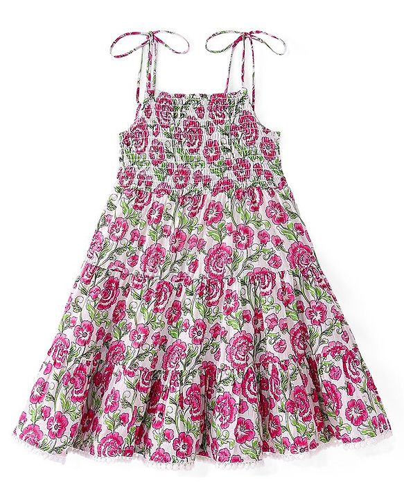 Babyhug Cambric Woven Sleeveless Floral Printed Ethnic Dress -  White
