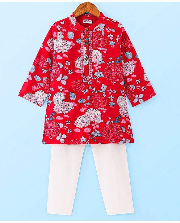Babyhug Cambric Cotton Woven Full Sleeves Floral Print Kurta Pyjama Set - Red