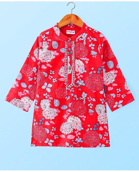 Babyhug Cambric Cotton Woven Full Sleeves Floral Print Kurta Pyjama Set - Red