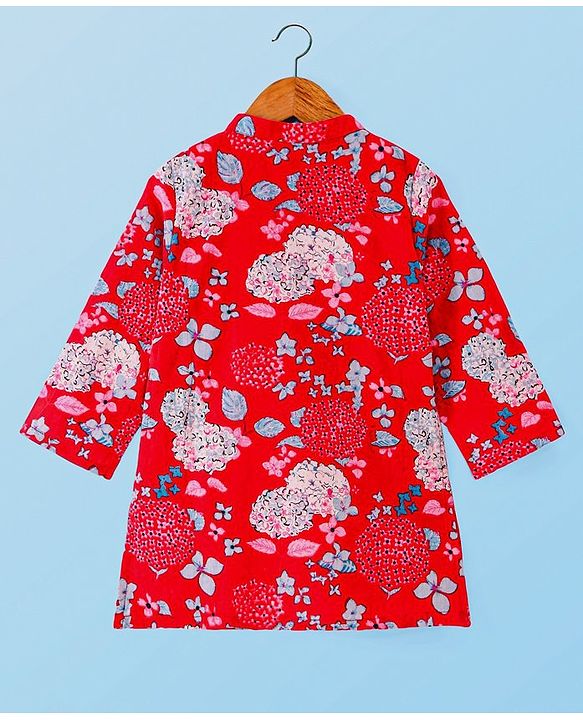 Babyhug Cambric Cotton Woven Full Sleeves Floral Print Kurta Pyjama Set - Red