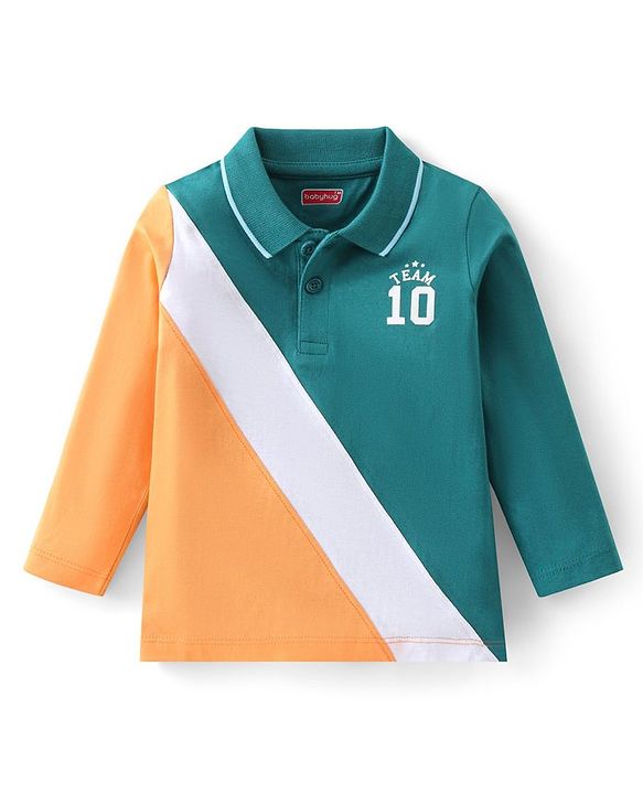 Babyhug Cotton Knit Full Sleeves Polo T-Shirt with Text Print - Green &  Orange