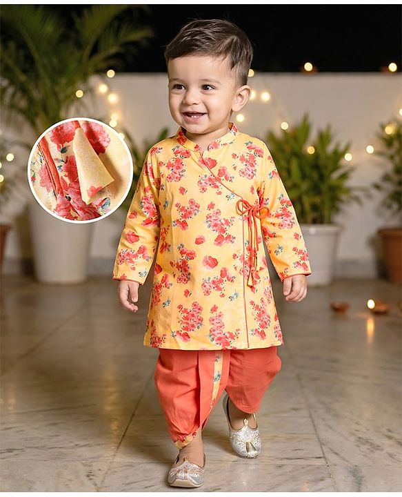 Babyhug Cambric Woven Full Sleeves Floral Printed Kurta Dhoti Set - Yellow & Orange