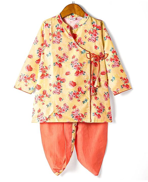 Babyhug Cambric Woven Full Sleeves Floral Printed Kurta Dhoti Set - Yellow & Orange