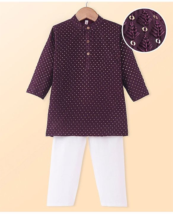 Babyhug Woven Full Sleeves Kurta Pyjama Set With Sequin Embroidery - Wine