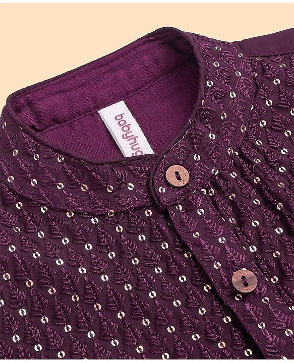 Babyhug Woven Full Sleeves Kurta Pyjama Set With Sequin Embroidery - Wine