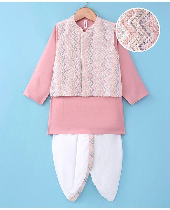 Babyhug Woven Full Sleeves Kurta Dhoti Set With Embroidered Jacket - Pink