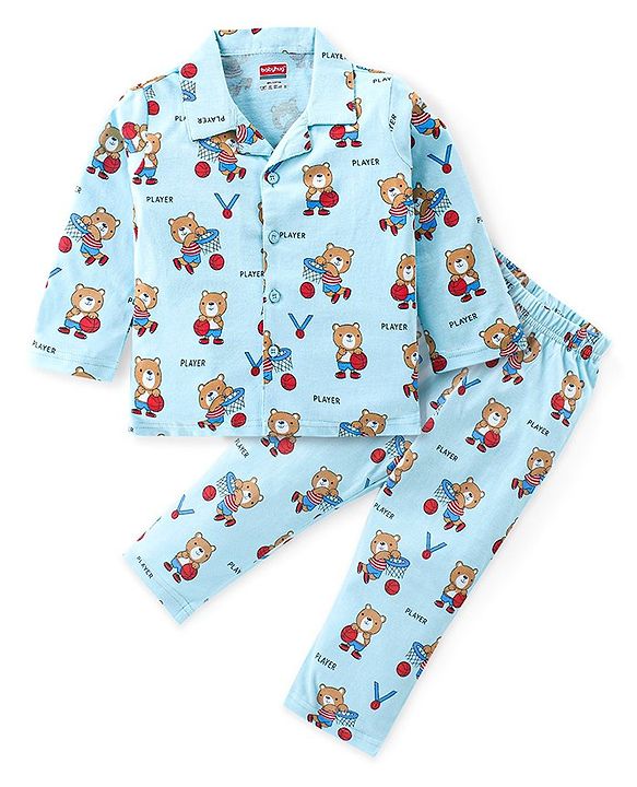 Babyhug Cotton Knit Full Sleeves Front Open Night Suit Bear Print - Sky Blue