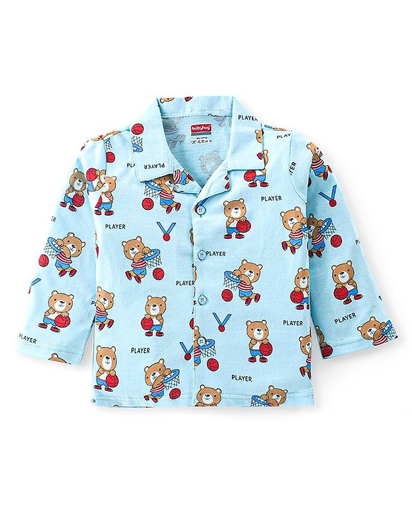 Babyhug Cotton Knit Full Sleeves Front Open Night Suit Bear Print - Sky Blue