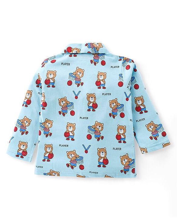 Babyhug Cotton Knit Full Sleeves Front Open Night Suit Bear Print - Sky Blue
