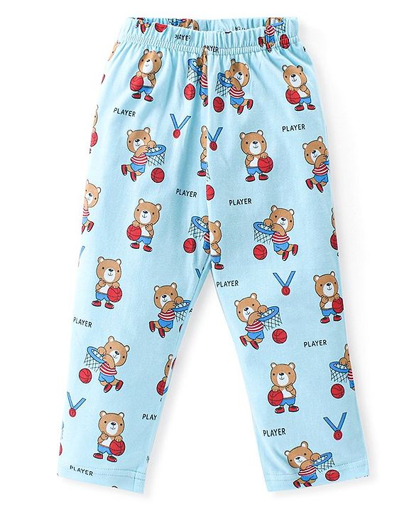 Babyhug Cotton Knit Full Sleeves Front Open Night Suit Bear Print - Sky Blue