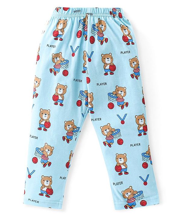 Babyhug Cotton Knit Full Sleeves Front Open Night Suit Bear Print - Sky Blue