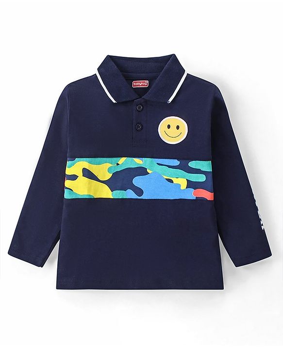Babyhug Cotton Knit  Full Sleeves Polo T-Shirt with Smiley Print- Navy Blue