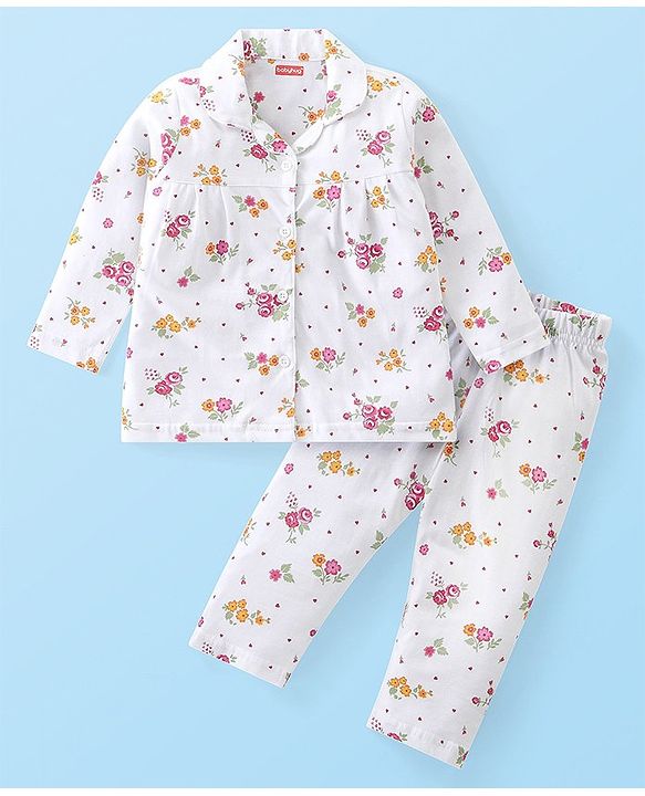 Babyhug Cotton Knit Full Sleeves Night Suit With Floral Print - White